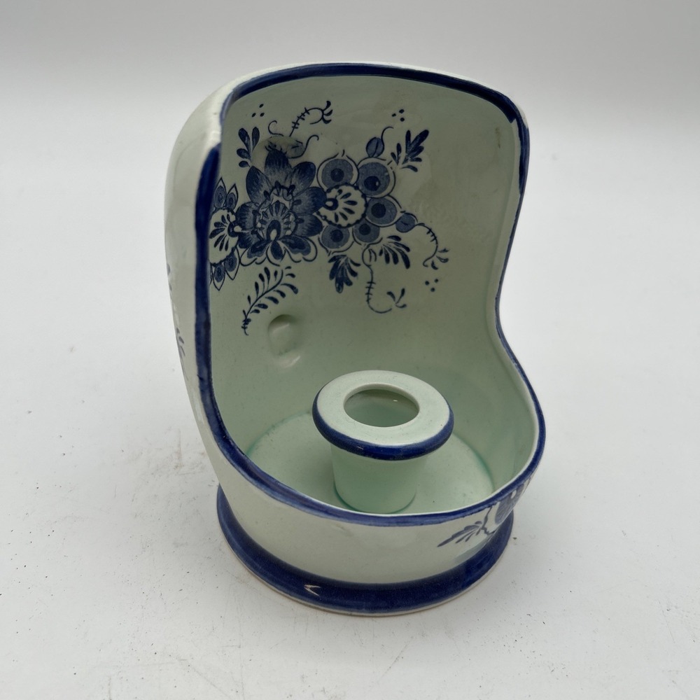 Delft Holland Ceramic Candle Holder Hand Painted Blue & White Floral 5.5 MCM Vtg